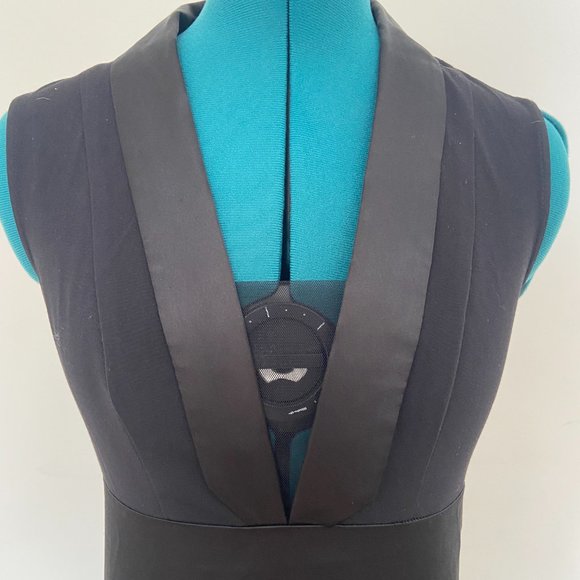 Black Tuxedo High Low Chiffon Dress with Slit & Sheer Plunging Neckline - Picture 3 of 11